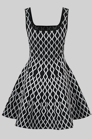 Black and White Patterned Knitted Sleeveless Mini Dress with Square Neckline