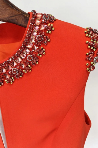 Embellished Crepe Red Sleeveless Mini Dress with Mesh Detail