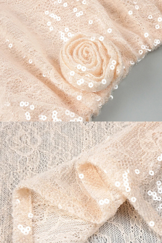 Sequin Lace One-Shoulder Long Dress with Rosette Detail