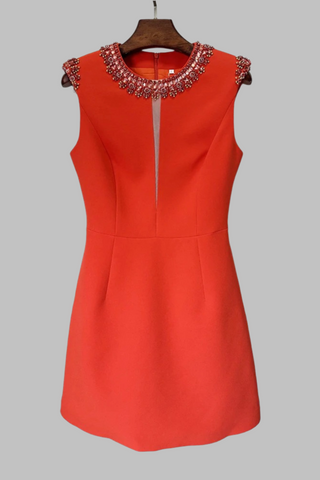 Embellished Crepe Red Sleeveless Mini Dress with Mesh Detail