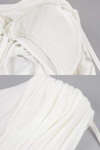 Alba Drape-Back Long Sleeve Long Dress – White Jersey Ruched Gown