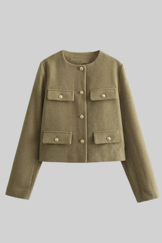 Elegant Tweed Button-Up Blazer with Gold Embellished Buttons