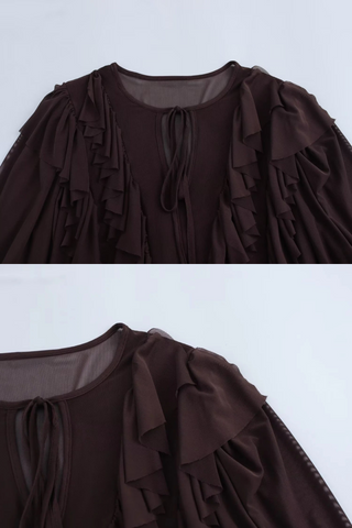 Brown Flowy Ruffle Trim Chiffon Mini Dress with Long Sleeves