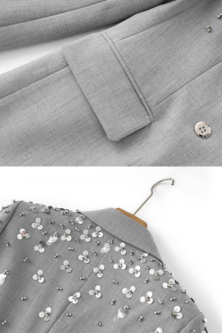 Embellished Grey Blazer & Skirt Set - Sequin-Studded