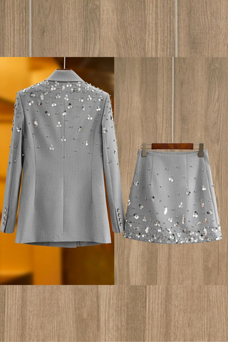 Embellished Grey Blazer & Skirt Set - Sequin-Studded