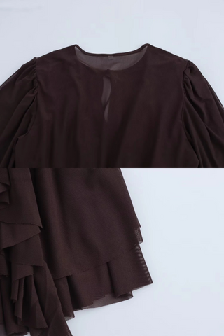 Brown Flowy Ruffle Trim Chiffon Mini Dress with Long Sleeves