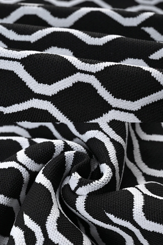 Black and White Patterned Knitted Sleeveless Mini Dress with Square Neckline