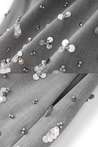 Embellished Grey Blazer & Skirt Set - Sequin-Studded