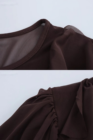 Brown Flowy Ruffle Trim Chiffon Mini Dress with Long Sleeves