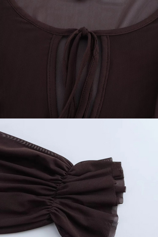 Brown Flowy Ruffle Trim Chiffon Mini Dress with Long Sleeves