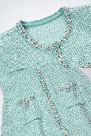 Short-Sleeve Mint Tweed A-Line Mini Dress with Pearl Embellishments