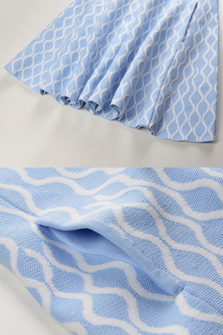 Light Blue and White Patterned Knitted Sleeveless Mini Dress with Square Neckline