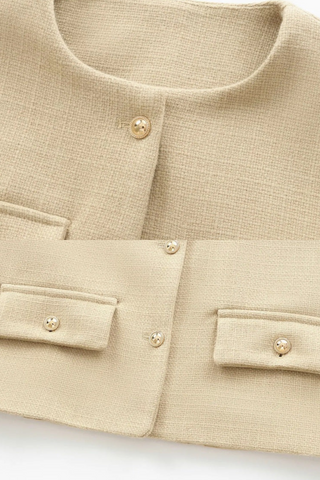 Elegant Tweed Button-Up Blazer with Gold Embellished Buttons