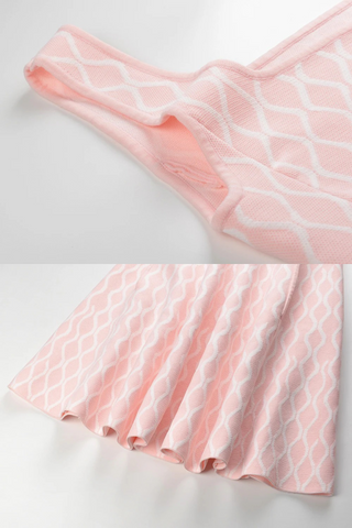 Baby Pink and White Patterned Knitted Sleeveless Mini Dress with Square Neckline