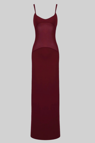 Burgundy Sheer Panel Spaghetti Strap Long Dress
