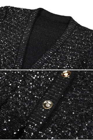 Luxury Sequined Knit V-Neck Long-Sleeve Cardigan Jacket