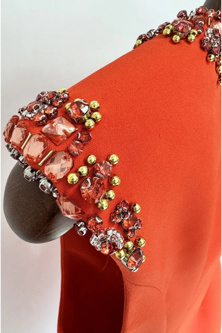 Embellished Crepe Red Sleeveless Mini Dress with Mesh Detail