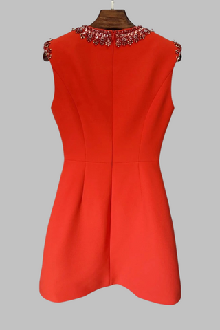 Embellished Crepe Red Sleeveless Mini Dress with Mesh Detail