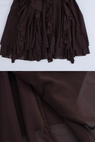 Brown Flowy Ruffle Trim Chiffon Mini Dress with Long Sleeves