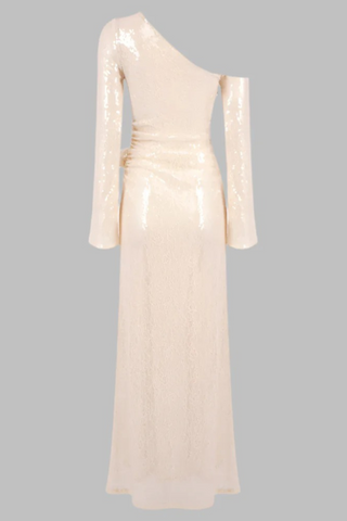 Sequin Lace One-Shoulder Long Dress with Rosette Detail