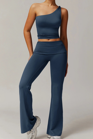 Padded One-Shoulder Sport Set with Flared Pants