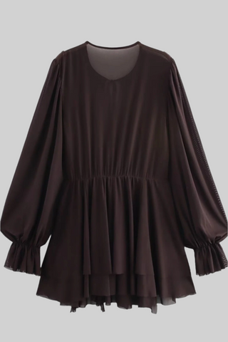 Brown Flowy Ruffle Trim Chiffon Mini Dress with Long Sleeves