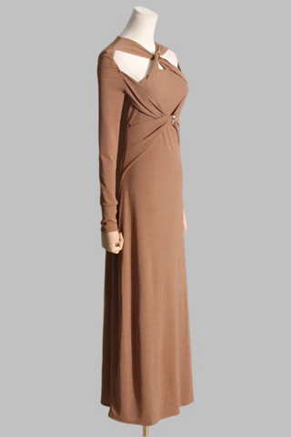 Gold Accent Cutout Long Sleeve Long Dress