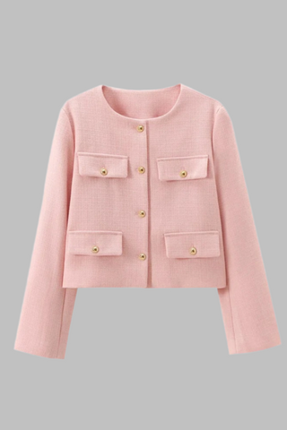 Elegant Tweed Button-Up Blazer with Gold Embellished Buttons