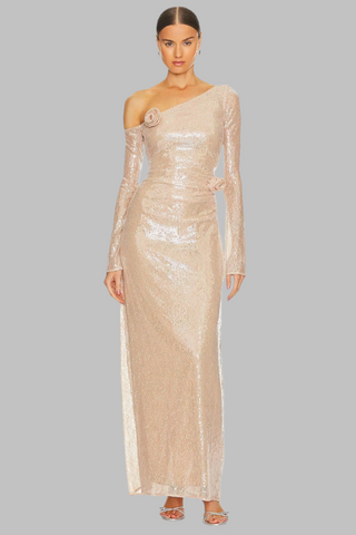 Sequin Lace One-Shoulder Long Dress with Rosette Detail