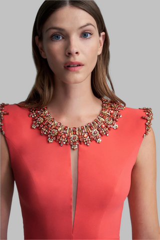 Embellished Crepe Red Sleeveless Mini Dress with Mesh Detail