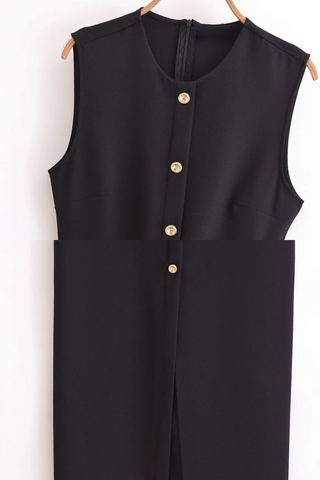 Belted Sleeveless Crepe Midi Dress with Gold Button Detail