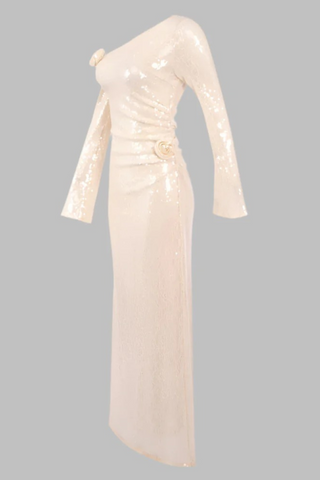 Sequin Lace One-Shoulder Long Dress with Rosette Detail
