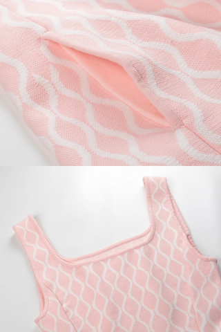Baby Pink and White Patterned Knitted Sleeveless Mini Dress with Square Neckline