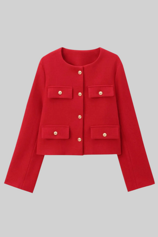 Elegant Tweed Button-Up Blazer with Gold Embellished Buttons