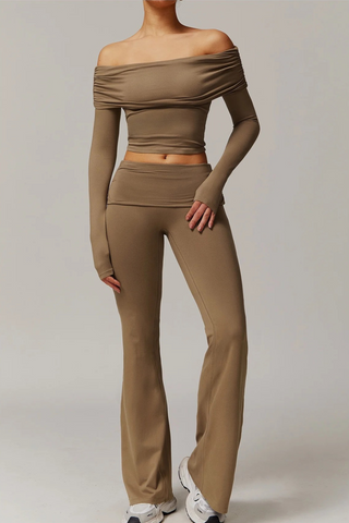 Off-Shoulder Long-Sleeve Sport Top & Flare Pants Set