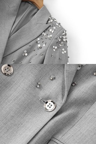 Embellished Grey Blazer & Skirt Set - Sequin-Studded