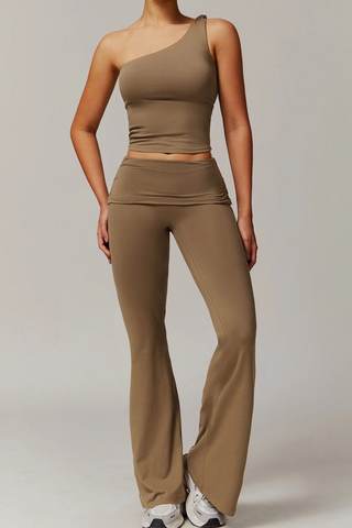 Padded One-Shoulder Sport Set with Flared Pants