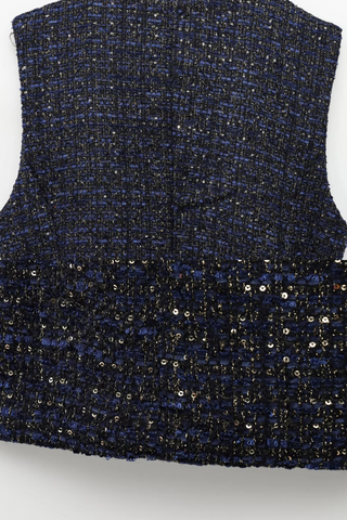 Elegant Tweed Belted Vest – Sleeveless Round Neck Textured Jacket with Gold Button Details