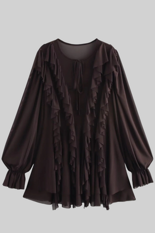 Brown Flowy Ruffle Trim Chiffon Mini Dress with Long Sleeves