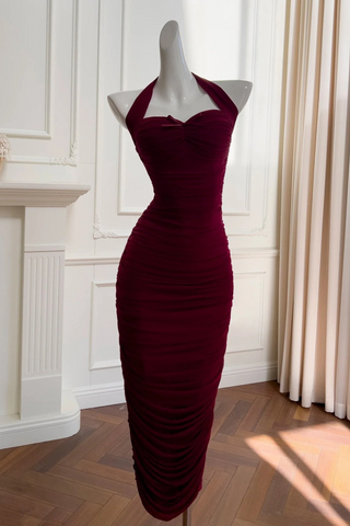 Burgundy Ruched Halter Midi Dress