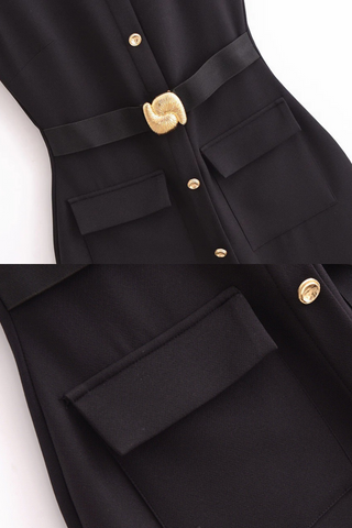 Belted Sleeveless Crepe Midi Dress with Gold Button Detail