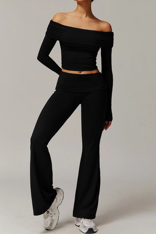 Off-Shoulder Long-Sleeve Sport Top & Flare Pants Set