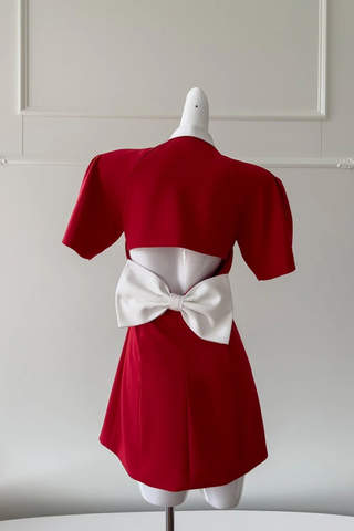 Red Short-Sleeve Bow-Back Mini Dress