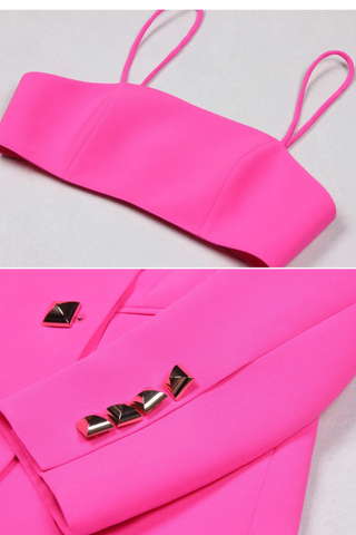 3-Piece Suit – Double-Breasted Blazer, Spaghetti Strap Crop Top & High-Waisted Shorts Set