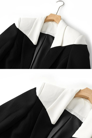Two-Tone Blazer & Skirt Set – Black and White Contrast Tailored Jacket with Mini Skirt