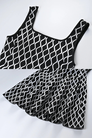 Black and White Patterned Knitted Sleeveless Mini Dress with Square Neckline