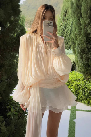 Flowy Sheer Black Blouse Dress with Layered Skirt & Shorts