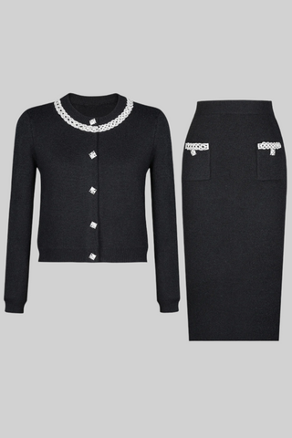 Long-Sleeve Knit Embellished Cardigan & High-Waist Pencil Midi Skirt Set