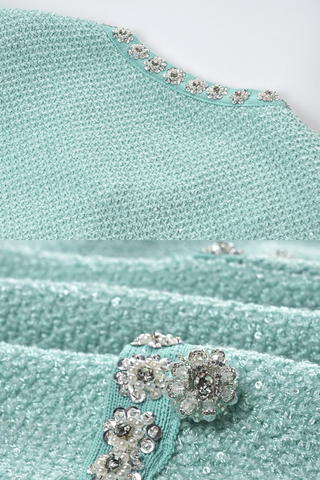 Short-Sleeve Mint Tweed A-Line Mini Dress with Pearl Embellishments