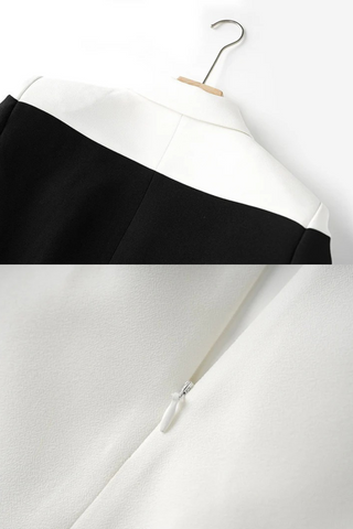 Two-Tone Blazer & Skirt Set – Black and White Contrast Tailored Jacket with Mini Skirt